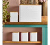 Cooks Professional 5 Piece Tea, Coffee, Sugar, Biscuit & Bread Square Cannister Set With Bamboo Lids & Diamond Pattern - White