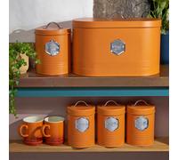 Cooks Professional 5 Piece Tea Coffee Sugar Bread & Biscuit Cannister Set | Labelled Storage Tins | Containers with Airtight Lids | Canisters for Kitchen Accessories & Essentials | Orange & Silver