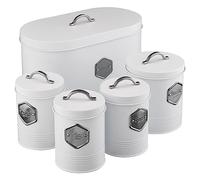 Cooks Professional 5 Piece Tea Coffee Sugar Bread & Biscuit Cannister Set | Labelled Storage Tins | Containers with Airtight Lids | Canisters for Kitchen Accessories & Essentials | White & Silver