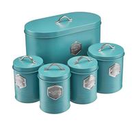 Cooks Professional 5 Piece Tea Coffee Sugar Bread & Biscuit Cannister Set - Labelled Kitchen Storage Tins - Teal & Silver