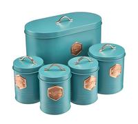 Cooks Professional 5 Piece Tea Coffee Sugar Bread & Biscuit Cannister Set - Labelled Kitchen Storage Tins - Teal & Copper