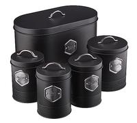 Cooks Professional 5 Piece Tea Coffee Sugar Bread & Biscuit Cannister Set | Labelled Storage Tins | Containers with Airtight Lids | Canisters for Kitchen Accessories & Essentials | Black & Silver