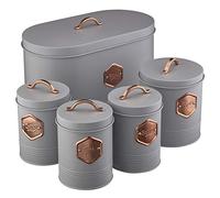 Cooks Professional 5 Piece Tea Coffee Sugar Bread & Biscuit Cannister Set | Labelled Storage Tins | Containers with Airtight Lids | Canisters for Kitchen Accessories & Essentials | Grey/Copper