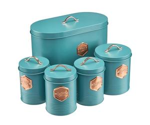 Cooks Professional 5 Piece Tea Coffee Sugar Bread & Biscuit Cannister Set | Labelled Storage Tins | Containers with Airtight Lids | Canisters for Kitchen Accessories & Essentials | Teal/Copper
