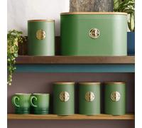 Cooks Professional 5Pc Tea, Coffee, Sugar, Biscuit & Bread Ribbed Canister Kitchen Storage Set With Bamboo Lids - Green & Gold