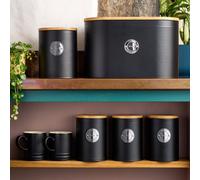 Cooks Professional 5 Piece Ribbed Tea Coffee Sugar Bread & Biscuit Cannisters with Air-Tight Bamboo Lids | Stainless Steel Kitchen Storage Bin Set | Modern & Stylish | Black & Silver