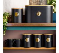 Cooks Professional Kitchen Storage Set | 5-Piece Ribbed with Bamboo Lids | Bread Biscuit Tea Coffee Sugar | Black/Brass