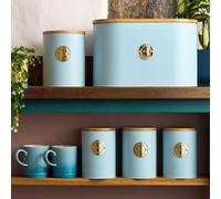 Cooks Professional 5Pc Tea, Coffee, Sugar, Biscuit & Bread Ribbed Canister Kitchen Storage Set With Bamboo Lids - Blue & Gold