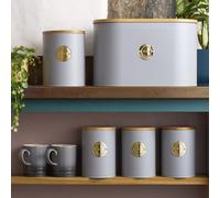 Cooks Professional 5 Piece Ribbed Tea Coffee Sugar Bread & Biscuit Cannisters with Air-Tight Bamboo Lids | Stainless Steel Kitchen Storage Bin Set | Modern & Stylish | Grey & Gold