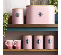 Cooks Professional 5 Piece Ribbed Tea Coffee Sugar Bread & Biscuit Cannisters with Air-Tight Bamboo Lids | Stainless Steel Kitchen Storage Bin Set | Modern & Stylish | Pink & Silver