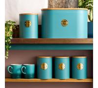 Cooks Professional Kitchen Storage Set | 5-Piece Ribbed with Bamboo Lids | Bread Biscuit Tea Coffee Sugar | Teal/Gold