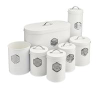 Cooks Professional 7 Piece Tea Coffee Sugar Bread Biscuit Pasta & Utensil Cannister Set | Labelled Storage Containers Tins with Airtight Lids for Kitchen Accessories & Essentials | White & Silver