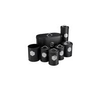 Cooks Professional 7 Piece Tea Coffee Sugar Bread Biscuit Pasta & Utensil Cannister Set | Labelled Storage Containers Tins with Airtight Lids for Kitchen Accessories & Essentials | Black & Silver