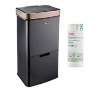 Cooks Professional Recycling Sensor Bin 75L with Dual Compartments and Removable Food Caddy for Kitchen | Smart Automatic Brushed Metal Bins | Includes 25 Biodegradable Bin Bags | Black & Copper