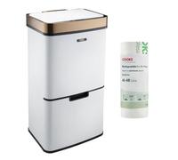 Cooks Professional Recycling Sensor Bin 75L with Dual Compartments and Removable Food Caddy for Kitchen | Smart Automatic Brushed Metal Bins | Includes 25 Biodegradable Bin Bags | White & Copper