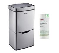 Cooks Professional Recycling Sensor Bin 75L with Dual Compartments and Removable Food Caddy for Kitchen | Smart Automatic Brushed Metal Bins | Includes 25 Biodegradable Bin Bags | Silver