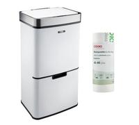 Cooks Professional Recycling Sensor Bin 75L with Dual Compartments and Removable Food Caddy for Kitchen | Smart Automatic Brushed Metal Bins | Includes 25 Biodegradable Bin Bags | White & Silver