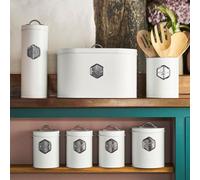 Cooks Professional 7 Piece Storage Canister Set | Labelled Containers for Bread Biscuits Pasta Utensils Tea Coffee Sugar | Canisters Sets for Kitchen Accessories & Essentials | White & Silver