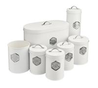 Cooks Professional 7Pc Tea Coffee Sugar Bread Biscuit Pasta & Utensil Cannister Set - Labelled Kitchen Storage Tins - White/silver