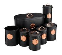 Cooks Professional 7 Piece Tea Coffee Sugar Bread Biscuit Pasta & Utensil Cannister Set | Labelled Storage Containers Tins with Airtight Lids for Kitchen Accessories & Essentials | Black & Copper
