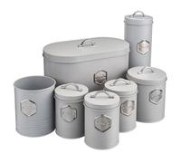 Cooks Professional 7Pc Tea Coffee Sugar Bread Biscuit Pasta & Utensil Cannister Set - Labelled Kitchen Storage Tins - Grey/silver