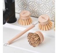 Cooks Professional Eco-Friendly Bamboo Dish Brush | Long Wooden Handle with 3 Heads & Natural Fibre Bristles | Plastic-Free | Kitchen Cleaning Tool for Washing Dishes & Scrubbing Pots & Pans