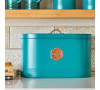 Cooks Professional Bread Bin - Modern Kitchen Countertop Labelled Metal Storage Canister Breathable Container - Teal & Copper