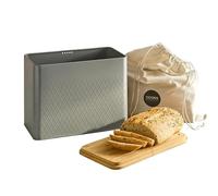 Cooks Professional Bread Bin with Linen Bag & Bamboo Cutting Board Lid | Modern & Stylish Diamond Pattern | Breathable Rectangular Countertop Food Storage Canister for Loaves, Rolls, Pastries | D Grey