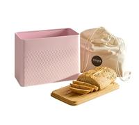 Cooks Professional Bread Bin with Linen Bag & Bamboo Cutting Board Lid | Modern & Stylish Diamond Pattern | Breathable Rectangular Countertop Food Storage Canister for Loaves, Rolls, Pastries | Pink