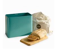 Cooks Professional Bread Bin with Linen Bag & Bamboo Cutting Board Lid | Modern & Stylish Diamond Pattern | Breathable Rectangular Countertop Food Storage Canister for Loaves, Rolls, Pastries | Teal