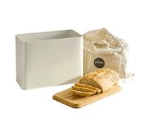 Cooks Professional Bread Bin with Linen Bag & Bamboo Cutting Board Lid | Modern & Stylish Diamond Pattern | Breathable Rectangular Countertop Food Storage Canister for Loaves, Rolls, Pastries | White