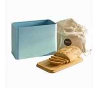 Cooks Professional Bread Bin with Linen Bag & Bamboo Cutting Board Lid | Modern & Stylish Diamond Pattern | Breathable Rectangular Countertop Food Storage Canister for Loaves, Rolls, Pastries | Blue
