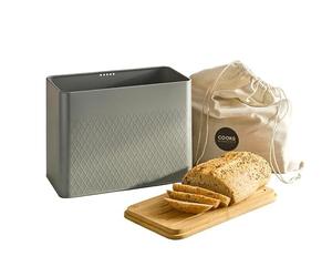 Cooks Professional Bread Bin with Linen Bag & Bamboo Cutting Board Lid | Modern & Stylish Diamond Pattern | Breathable Rectangular Countertop Food Storage Canister for Loaves, Rolls, Pastries | Grey
