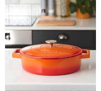 Cooks Professional Cast Iron Casserole Dish 28cm Oven Proof Enamelled Pan with Lid Orange