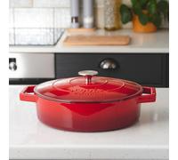 Cooks Professional Cast Iron Casserole Dish 28cm Oven Proof Enamelled Pan with Lid Red