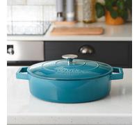Cooks Professional Cast Iron Casserole Dish 28cm Oven Proof Enamelled Pan with Lid Teal