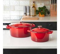 Cooks Professional Cast Iron Casserole Set of 2 20cm & 26cm Dishes Oven Proof Enamelled Pans with Lids in Red Cooks Professional Red