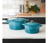 Cooks Professional Cast Iron Casserole Set of 2 20cm & 26cm Dishes Oven Proof Enamelled Pans with Lids in Teal Cooks Professional Teal