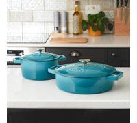 Cooks Professional Cast Iron Casserole Set of 2 20cm & 28cm Dishes Oven Proof Enamelled Pans with Lids in Teal Cooks Professional Teal