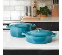 Cooks Professional Cast Iron Casserole Set of 2 26cm & 28cm Dishes Oven Proof Enamelled Pans with Lids in Teal Cooks Professional Teal