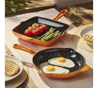 Cooks Professional 26cm Cast Iron Skillet Pan | Square Heavy Duty Grill Griddle Frying Pan with Enamel Interior | Oven Safe to 260°C, Induction & All Hob Compatible | PFAS, PFOA & PTFE-Free | Orange