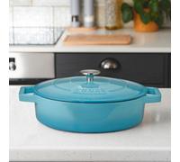 Cooks Professional Cast Iron Shallow Casserole Dish 28Cm - 4.8L Cooking Pan With Lid & Handles - Suitable For All Hobs - Blue
