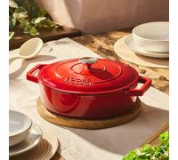 Cooks Professional Cast Iron Shallow Casserole Dish 28Cm - 4.8L Cooking Pan With Lid & Handles - Suitable For All Hobs - Red