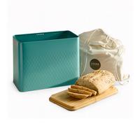 Cooks Professional Diamond Pattern Bread Bin with Linen Bag & Bamboo Cutting Board Lid in Teal Cooks Professional Teal