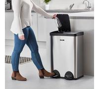 Cooks Professional Dual Pedal Recycle Bin 60L - 2 X 30L Removable Waste Compartments & Soft Close Lids - Silver