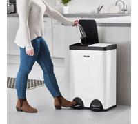 Cooks Professional Dual Pedal Recycle Bin 60L - 2 X 30L Removable Waste Compartments & Soft Close Lids - White