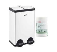 Cooks Professional Dual Pedal Recycle Bin 60L with 25 Biodegradable Bags | 2 x 30L Compartments | 30-35L Bin Bags | Soft Close Lids | Twin Section Stainless Steel Recycling or Waste Dustbin | White