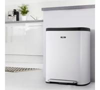 Cooks Professional Dual Recycle Kitchen Pedal Bin 60L - 2 X 30L Removable Waste Compartments & Soft Close Lids - White