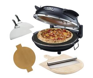 Cooks Professional Electric Pizza Oven with Bamboo Board, Cutter, 31cm Stone Base, Glass Window, Timer, Stainless Steel Paddles & Baking Sheet | Portable Countertop Pizza Maker Machine 1200W | Black