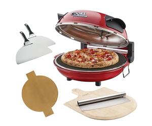 Cooks Professional Electric Pizza Oven with Bamboo Board, Cutter, 31cm Stone Base, Glass Window, Timer, Stainless Steel Paddles & Baking Sheet | Portable Countertop Pizza Maker Machine 1200W | Red